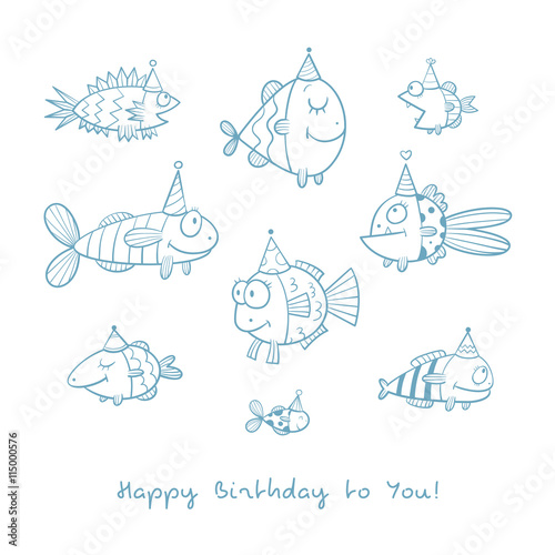 Birthday card with cute cartoon fishes in party hats. Underwater life. Funny sea animals. Children's illustration. Vector contour image no fill. Doodle style.