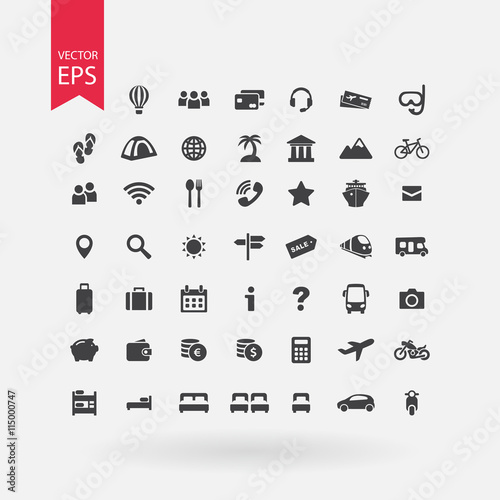Travel icons set. Tourism signs collection. Vacation symbols isolated on white background. Vector icons of booking, transports, excursions, service, food, luggage, payment. Flat design style.