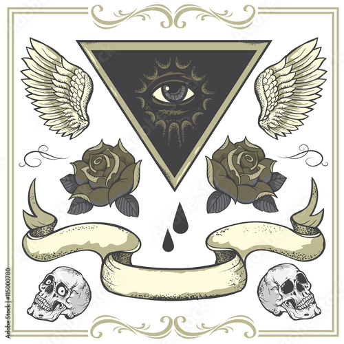 Set of vector Tattoo-art design elements.