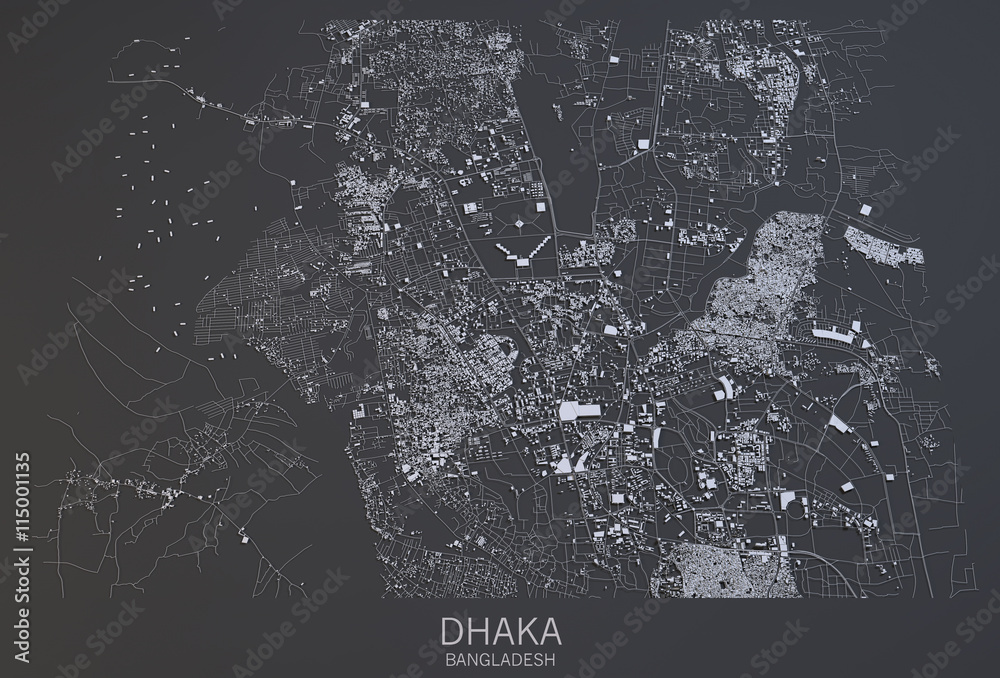 Fototapeta premium Cartina Dacca, vista satellitare, città, Bangladesh