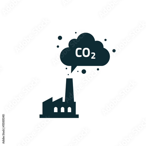 Factory silhouette with chimney polluting CO2 cloud smoke vector icon isolated on white, co2 dioxide emissions production from factory symbol, black plant shape