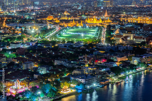 Top view grand palace and building landmark at night time in Bangkok, Thailand