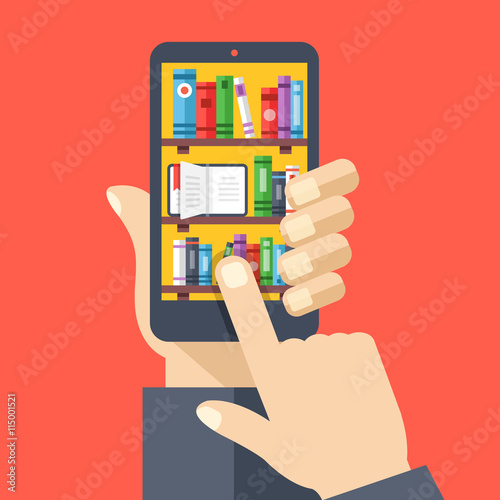 Bookshelves with books on smartphone screen. Online digital library. Hand holds smartphone, finger touches screen. Modern concepts. Creative flat design vector illustration
