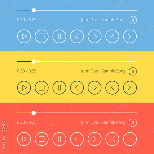 Media player ui interface icons, buttons and elements set. Blue, yellow and red backgrounds. Thin line flat design graphic elements. Vector illustration