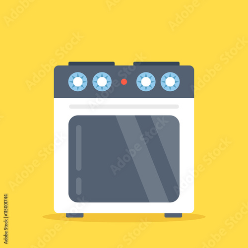 Vector stove. White electric kitchen stove with oven isolated on yellow background. Flat design vector illustration