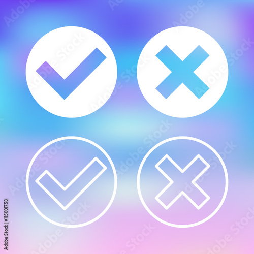 White check marks set. Transparent ticks and crosses icons. Flat design vector illustration isolated on trendy blurred background
