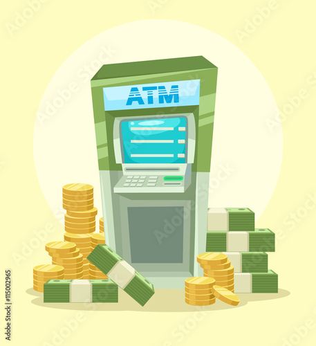 Cartoon ATM machine with money. Vector flat illustration icon