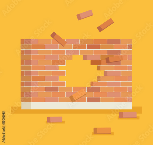 Breaking brick wall with hole. Vector flat cartoon illustration