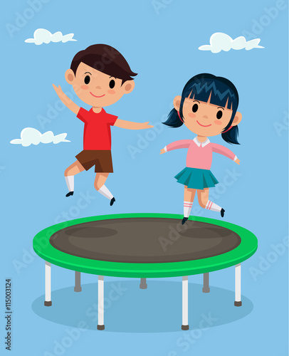 Kids jumping on trampoline. Vector flat cartoon illustration