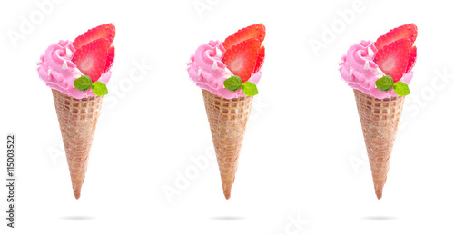 Ice cream in waffle cone with strawberry isolated on the white background.