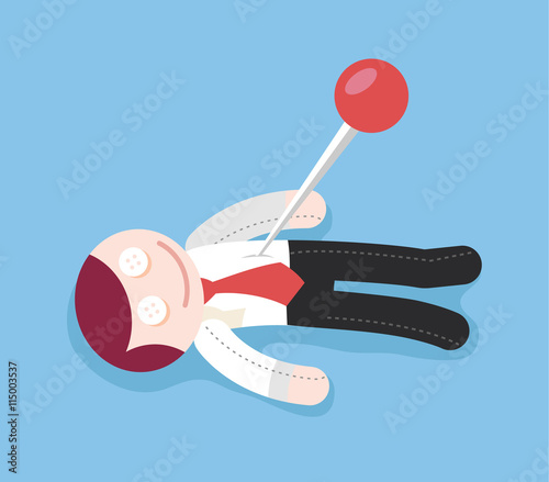 Needle in voodoo doll. Vector flat cartoon illustration