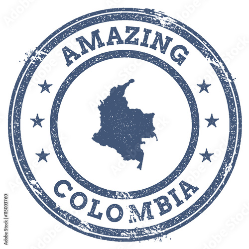 Vintage Amazing Colombia travel stamp with map outline. Colombia travel grunge round sticker.