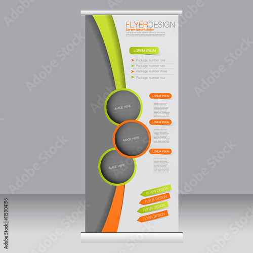 Roll up banner stand template. Abstract background for design,  business, education, advertisement. Green and orange color. Vector  illustration.