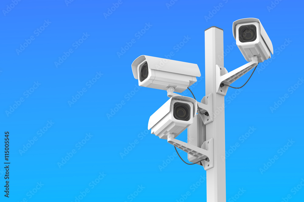 Security cctv cameras on blue sky, 3D rendering