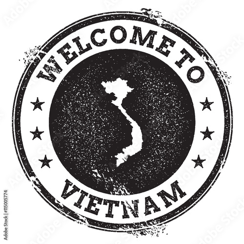 Vintage passport welcome stamp with Vietnam map. Grunge rubber stamp with Welcome to Vietnam text, vector illustration.