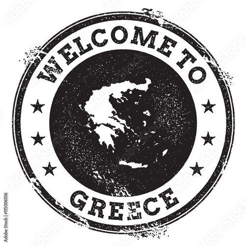 Vintage passport welcome stamp with Greece map. Grunge rubber stamp with Welcome to Greece text, vector illustration.
