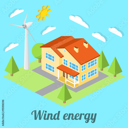 Low-energy house with wind turbine. For web design, mobile and application interface, also useful for infographics. Isometric Passive House concept. Vector illustration.