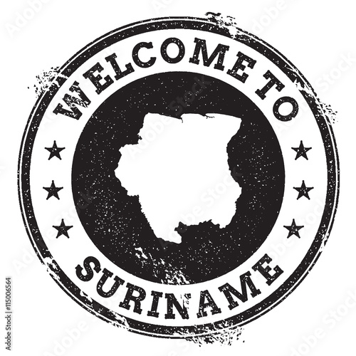 Vintage passport welcome stamp with Suriname map. Grunge rubber stamp with Welcome to Suriname text, vector illustration.