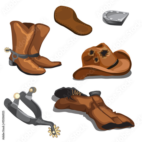 Ripped worn cowboy boots, hat and spurs