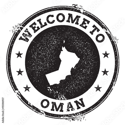 Vintage passport welcome stamp with Oman map. Grunge rubber stamp with Welcome to Oman text, vector illustration.
