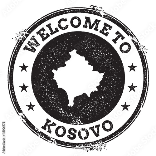 Vintage passport welcome stamp with Kosovo map. Grunge rubber stamp with Welcome to Kosovo text, vector illustration.