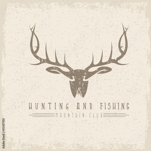 hunting and fishing mountain club emblem with duck deer and fish