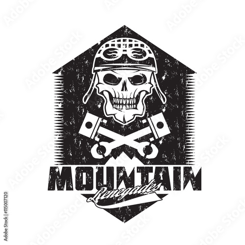 mountain renegades vintage grunge print with skull, pistons moun