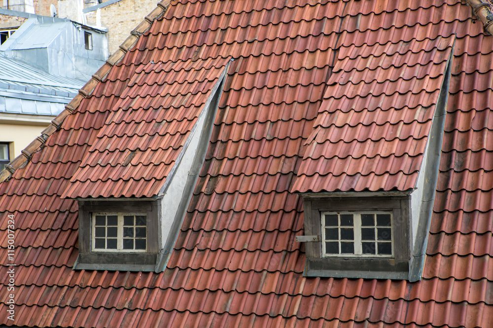 Tile roof on old building.