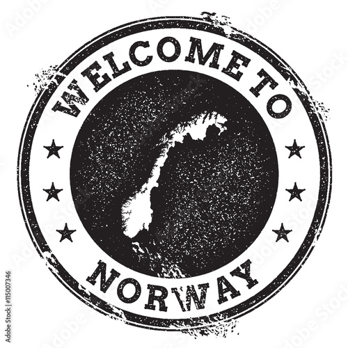 Vintage passport welcome stamp with Norway map. Grunge rubber stamp with Welcome to Norway text, vector illustration.