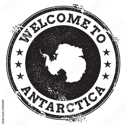 Vintage passport welcome stamp with Antarctica map. Grunge rubber stamp with Welcome to Antarctica text, vector illustration.
