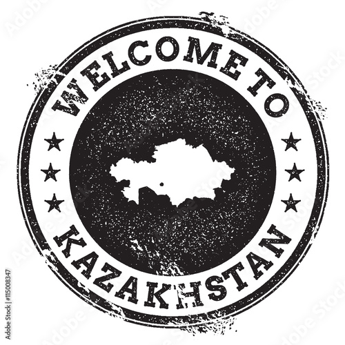 Vintage passport welcome stamp with Kazakhstan map. Grunge rubber stamp with Welcome to Kazakhstan text, vector illustration.
