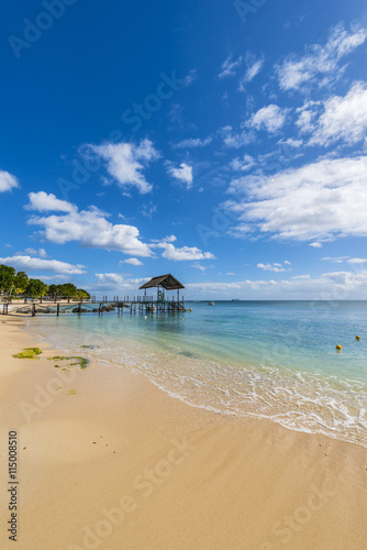Mauritius beach thatch jetty. Tropical Mauritius island water   beach resort  Turtle Bay - Balaclava