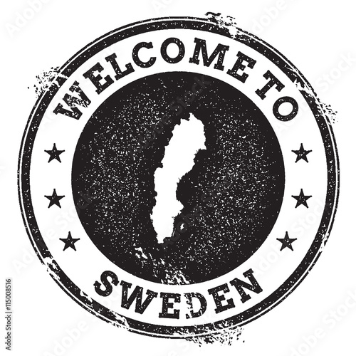 Vintage passport welcome stamp with Sweden map. Grunge rubber stamp with Welcome to Sweden text, vector illustration.