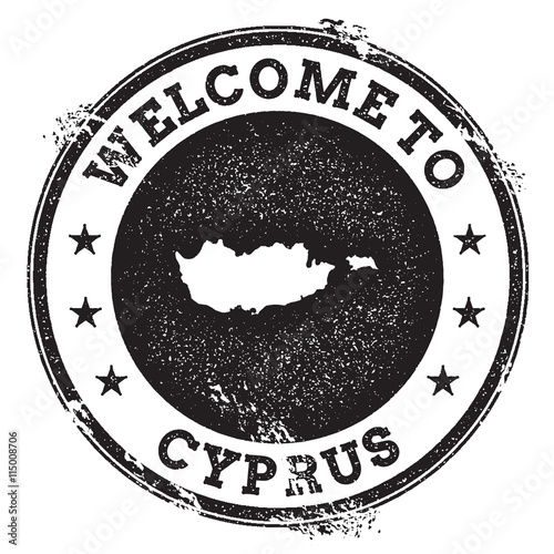Vintage passport welcome stamp with Cyprus map. Grunge rubber stamp with Welcome to Cyprus text, vector illustration.