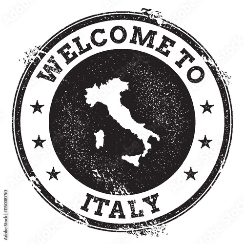 Vintage passport welcome stamp with Italy map. Grunge rubber stamp with Welcome to Italy text, vector illustration.