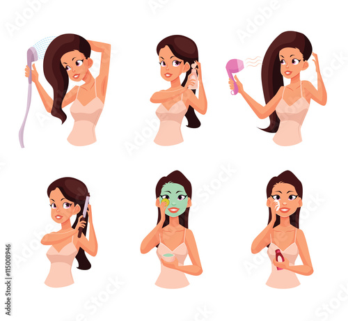 Colorful cartoon style vector illustration of pretty woman doing beauty procedures. Isolated on white background. Face and hair beauty treatments. Routine cosmetic procedures