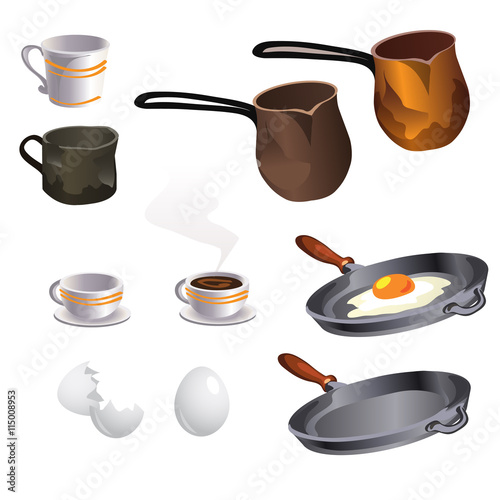 Cooking eggs and coffee, big vector set items