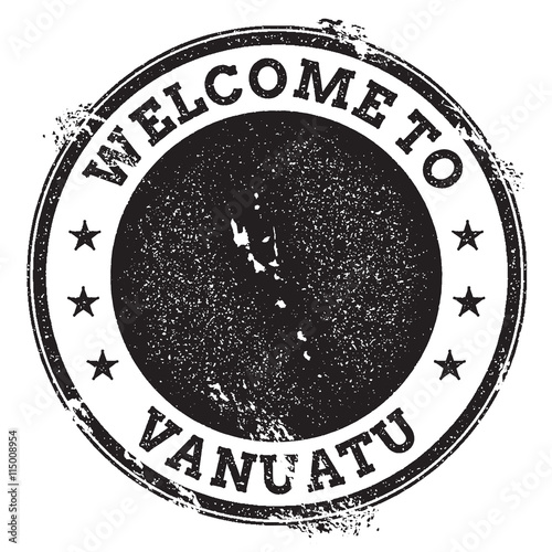 Vintage passport welcome stamp with Vanuatu map. Grunge rubber stamp with Welcome to Vanuatu text, vector illustration.
