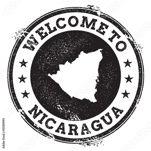 Vintage passport welcome stamp with Nicaragua map. Grunge rubber stamp with Welcome to Nicaragua text, vector illustration.