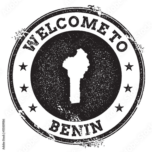 Vintage passport welcome stamp with Benin map. Grunge rubber stamp with Welcome to Benin text, vector illustration.