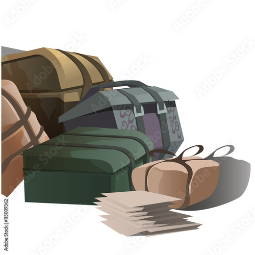 Large pile of road suitcases in cartoon style