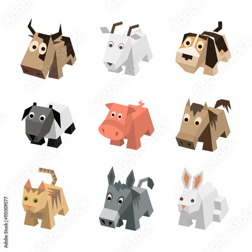 Vector set sf different cartoon isometric 3d animals isolated: cow, goat, dog, ram, sheep, pig, horse, cat, kitten, donkey, rabbit, hare. Elements for 3d game. Icon collection of farm animals.