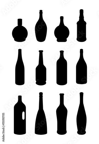 Black silhouettes of different bottles. Bottle shapes. Vector illustration.