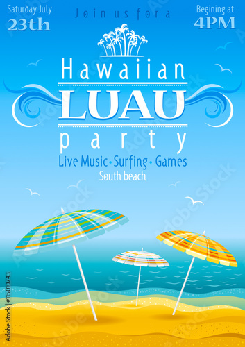 Beach party luau background with stripped umbrellas