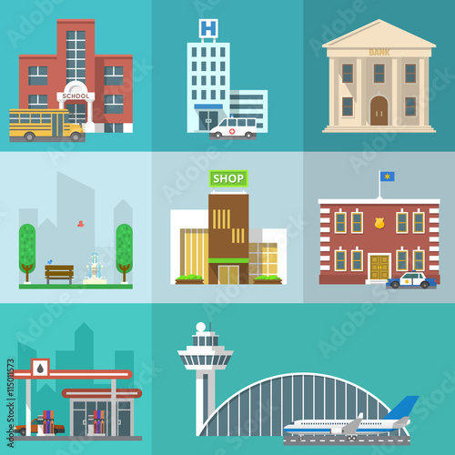 Set of public buildings. City infographics elements. Vector flat design icon collection. Institutions symbols. School, hospital, bank, park, shop, police station, gas station, airport