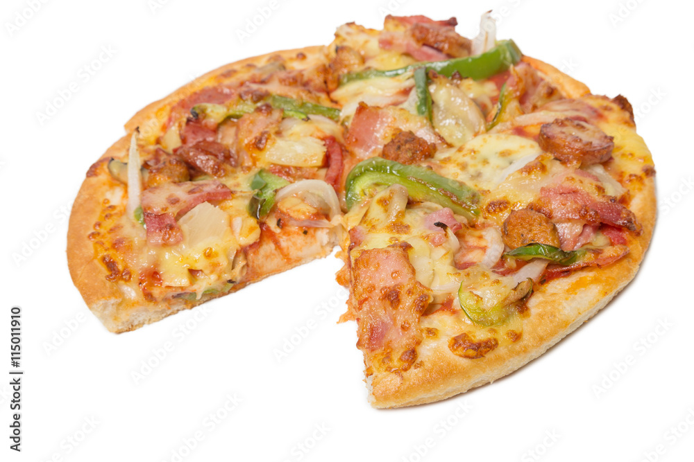 Pizza with sliced vegetables isolated on white