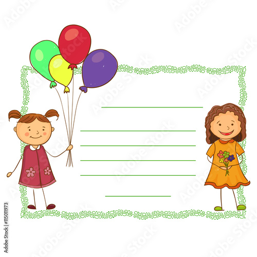 cute girls holding a balloon and flowers horisontal banner invitation, card, postcard