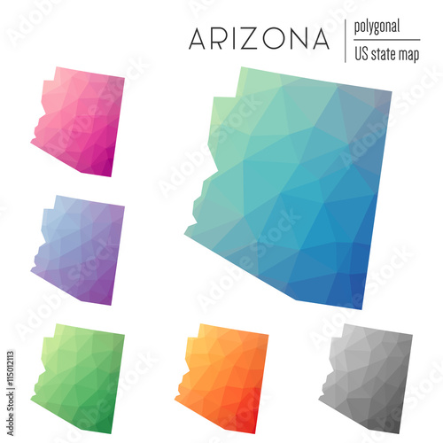 Set of vector polygonal Arizona maps. Bright gradient map of the US state in low poly style. Multicolored Arizona map in geometric style for your infographics.
