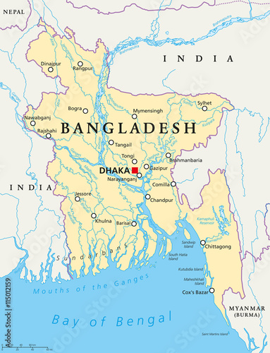Bangladesh political map with capital Dhaka, national borders, important cities, rivers and lakes. English labeling. Illustration.