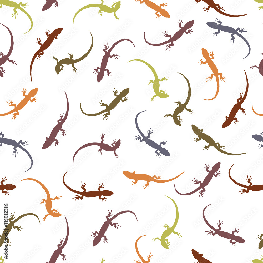 Naklejka premium Seamless pattern with lizards. Colorful silhouettes of reptiles